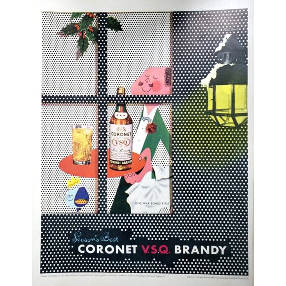 PRINT AD 1943 Coronet VSQ Brandy Christmas Dots Window Holly Art 10.5x13 - Picture 1 of 1